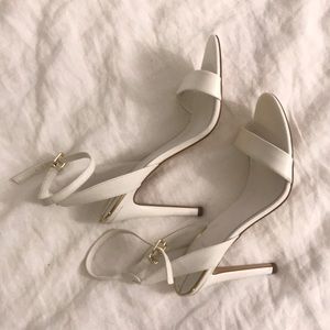 White Aldo strappy heels with gold accent